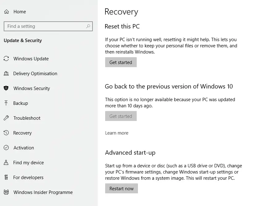 Recovery Option Windows 10