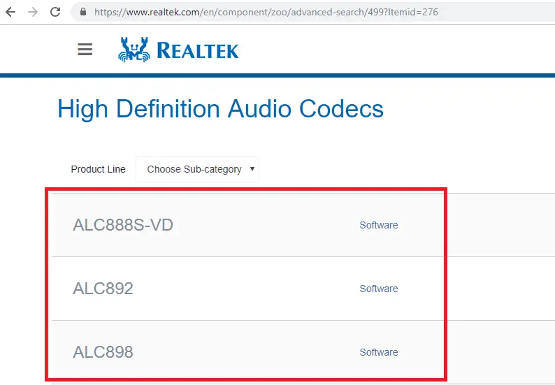 All available High Definition Audio codecs on Realtek Website