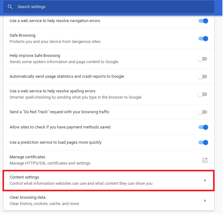 Content settings in Advanced settings