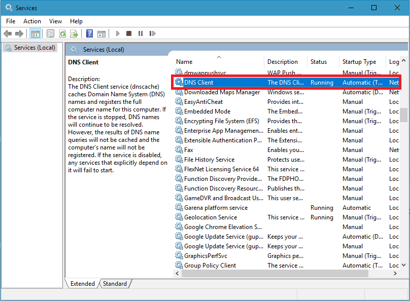 DNS Client service in Services