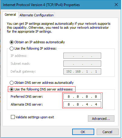 Google DNS address in IPv4 Properties