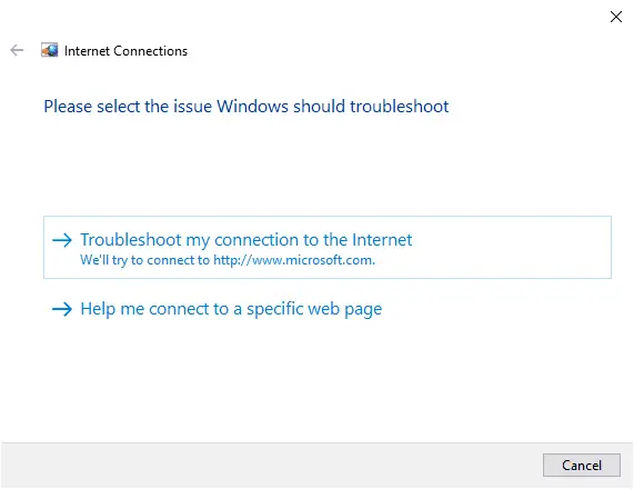 Internet Connections Troubleshooter