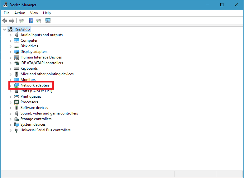 Network adapters option in device manager