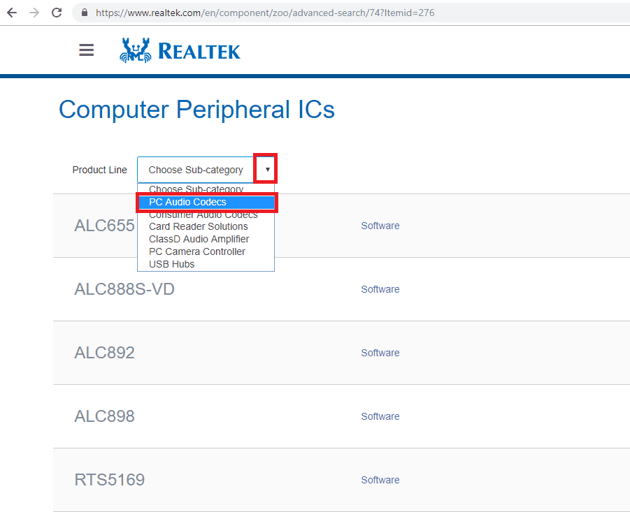 PC Audio codecs option on Realtek Website