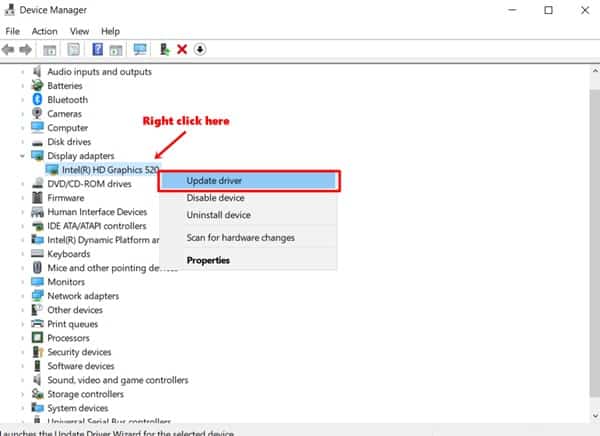 click on update driver under the graphics driver
