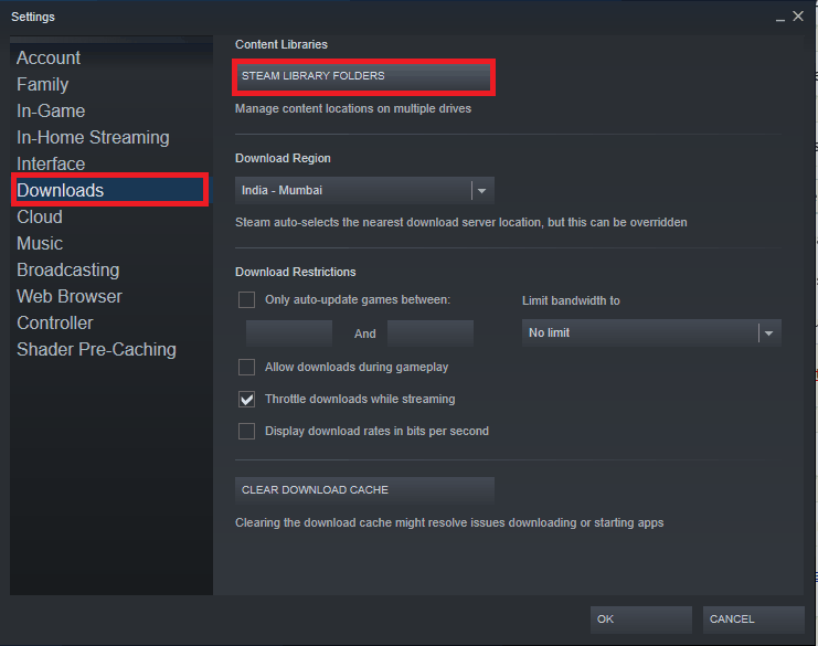 Downloads settings in steam library