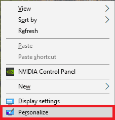 Personalize option in Windows 10