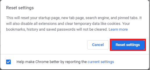 Reset settings in google chrome