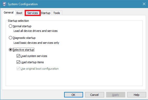 Services tab option in msconfig