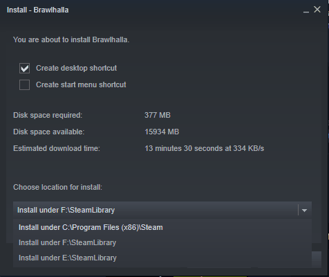 Steam download option window