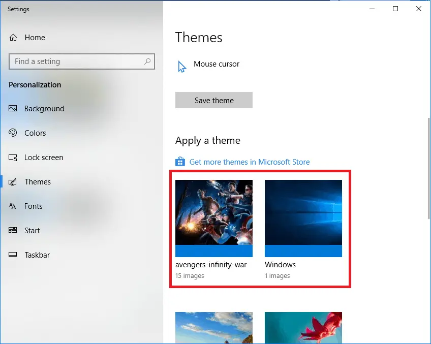 Themes in theme settings