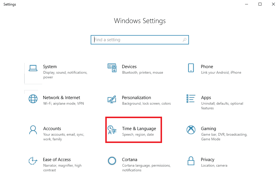 Time and Language option in windows settings