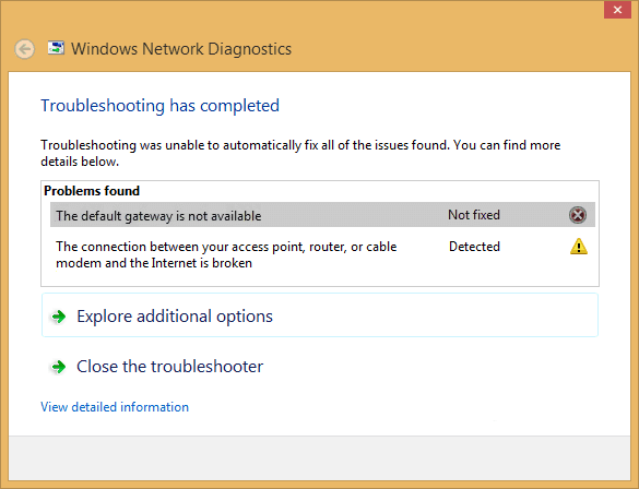 Default gateway is not available - Windows 10