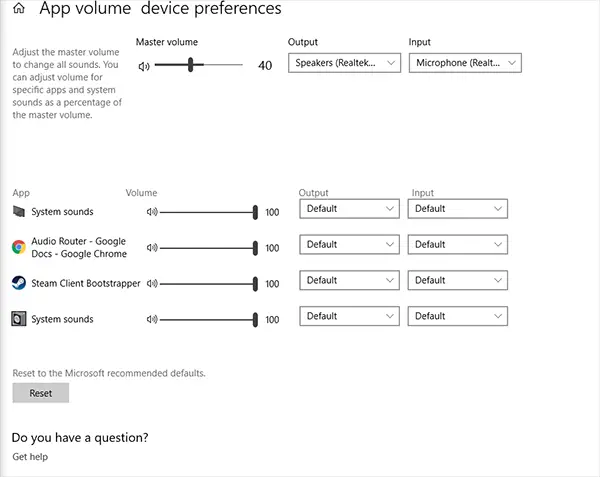 App volume device preferences