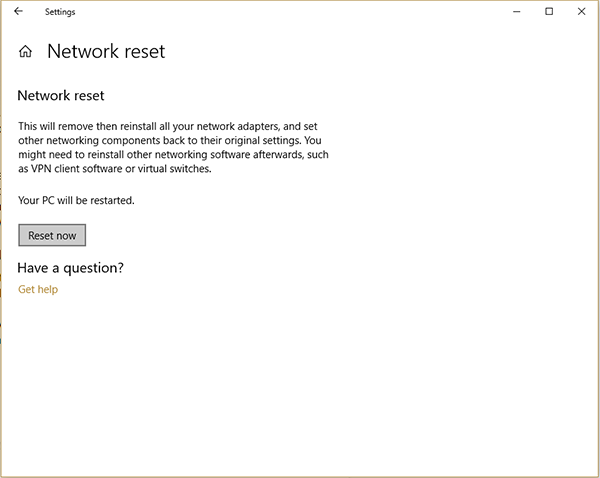 Network Reset Confirmation window