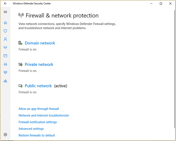 Windows firewall interface