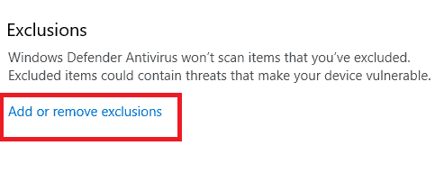 Add or Remove exclusion option in Windows Defender