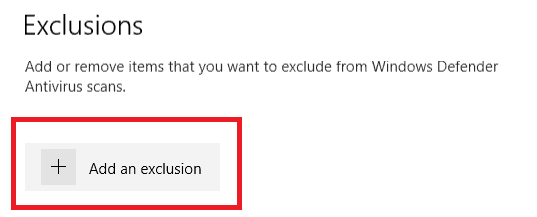 Adding exclusion in Windows Defender