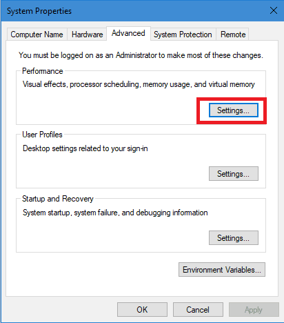 Performance settings in Advanced windows settings