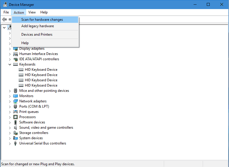 Scan for hardware changes in device management