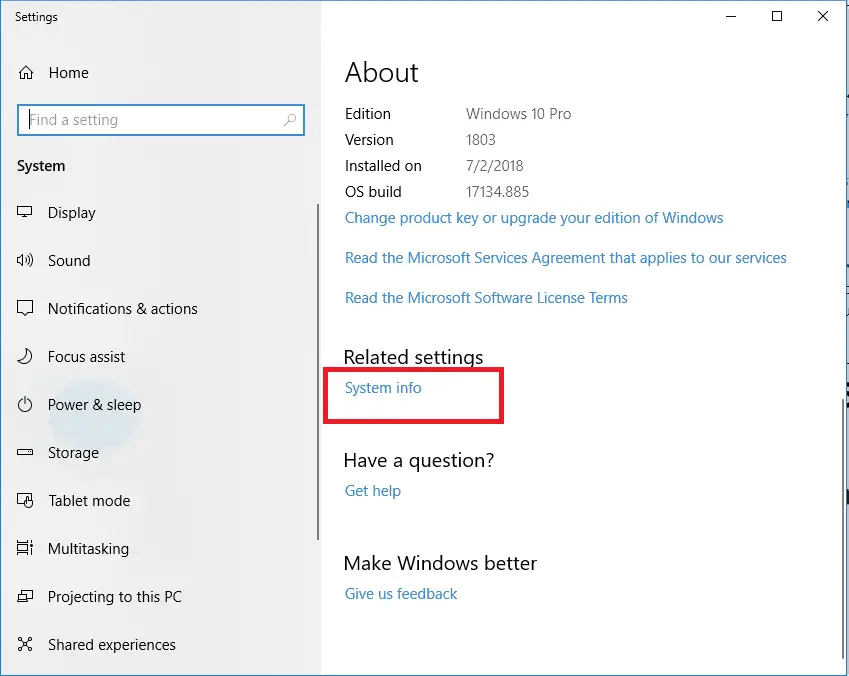 system info option in Windows settings