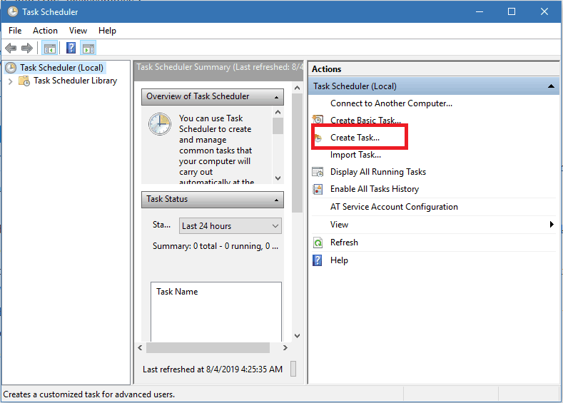 Create task option in Task scheduler