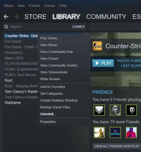 Uninstall game option in Steam