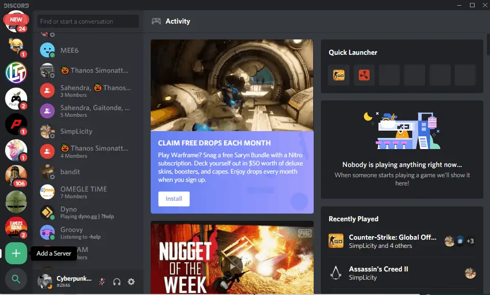 Add a server option in discord
