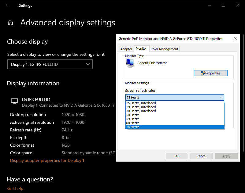 Display adapter properties option