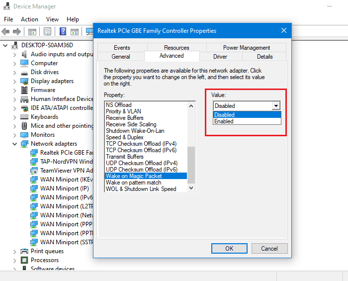 Wake on Magic Packet Disabled