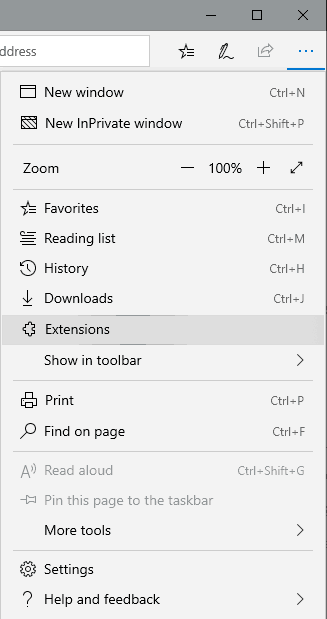 Extensions option in edge