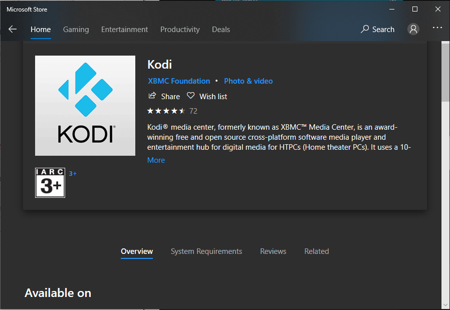 Kodi on Microsoft store