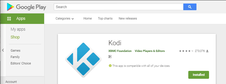 Kodi on play store