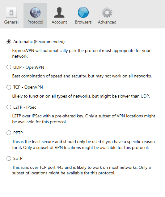 Protocol settings in ExpressVPN