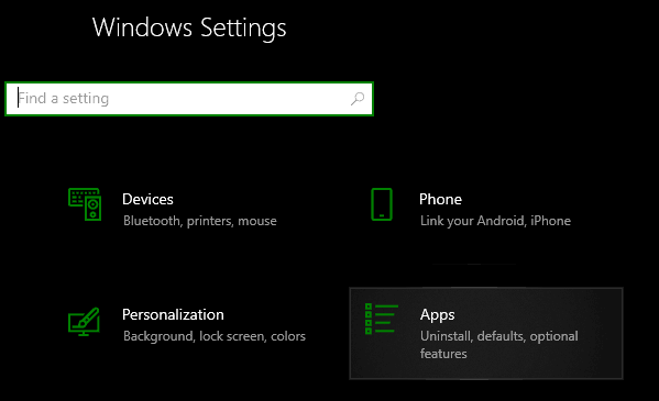 Apps option in Windows settings