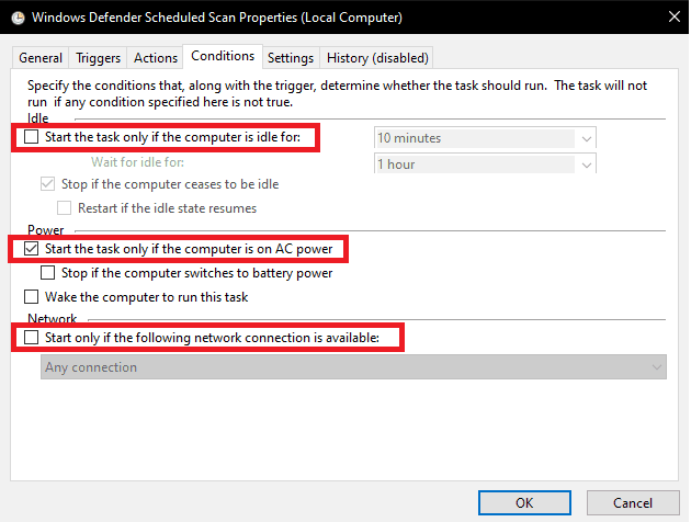 Conditions page in task scheduler