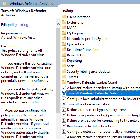 Turn off windows defender option