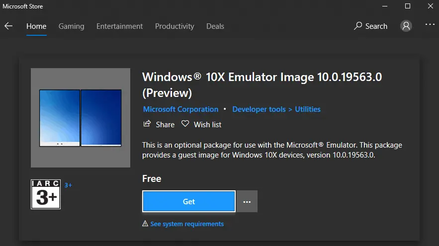 WIndows 10x emulator image in store