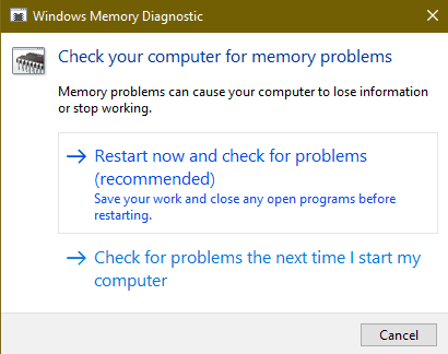 Win memory diagnostic tool window