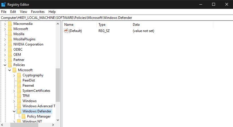 Windows Defender Policies in Registry Editor