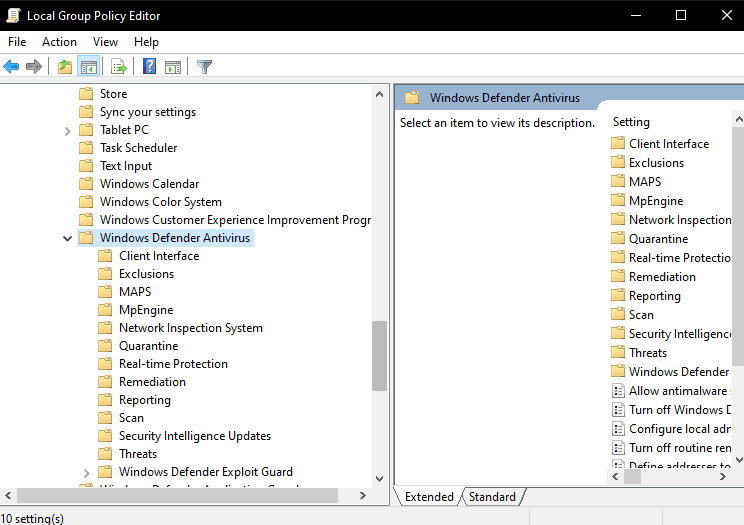 Windows Defender settings in policy editor