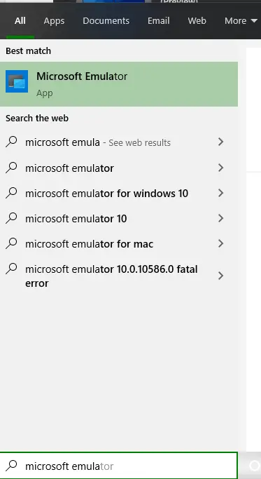 Microsoft emulator in search bar