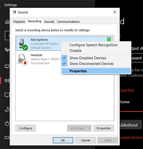 open microphone properties