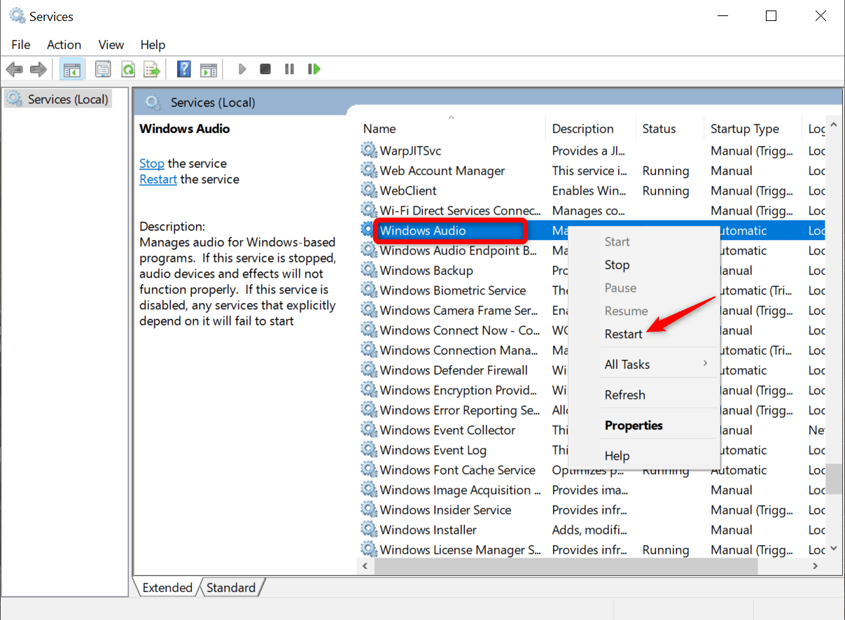 Restart Windows Audio