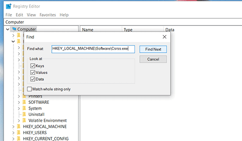 csrss. exe Registry find