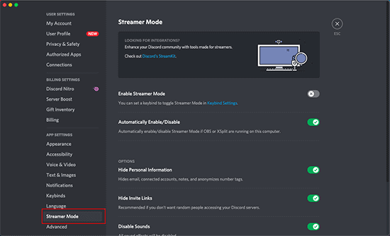 Discord Streamer Mode Settings