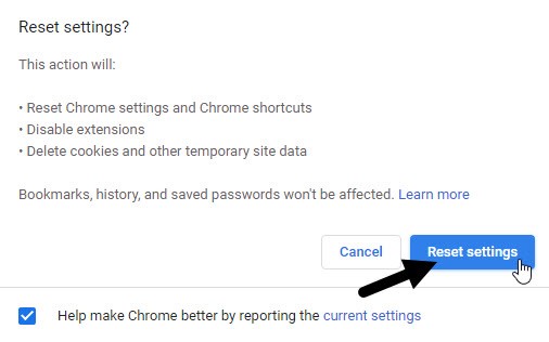 Chrome Reset Settings