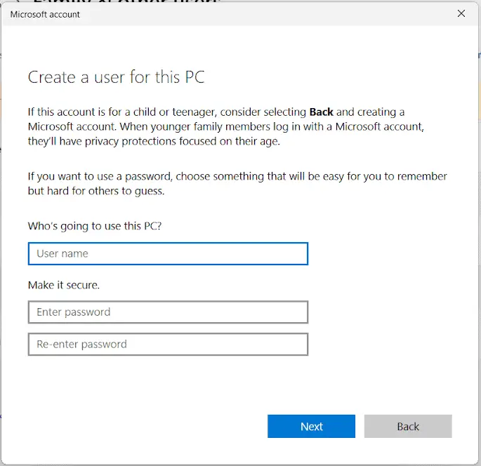 Create a user for this PC - Windows 11