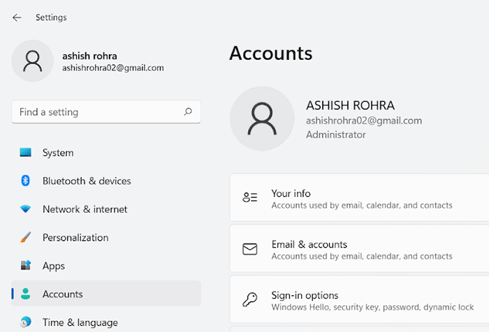 Windows 11 - Accounts Options