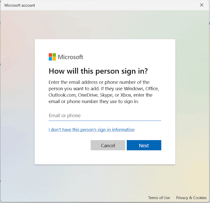 Windows 11 - Microsoft person Sign in